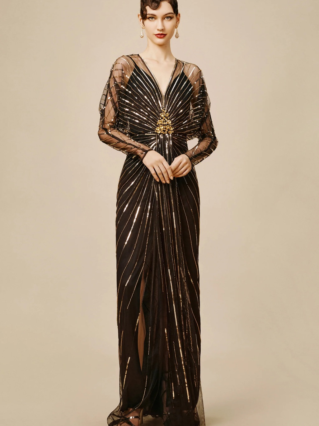 Nwt Babeyond 1920s Black Long-Sleeve Sequin Evening Gown With Gold Accents